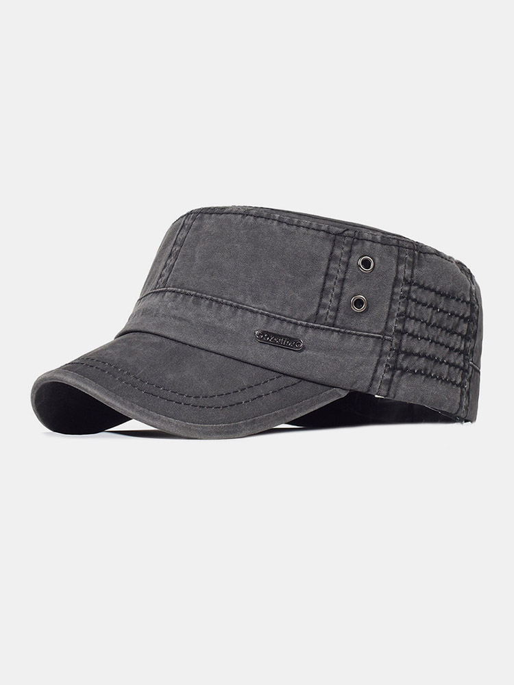Men Washed Cotton Solid Color Letters Metal Label Breathable Sunshade Military Cap Flat Cap