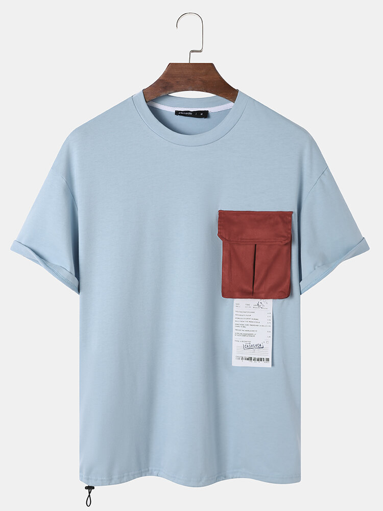 

Mens Contrast Flap Pocket Label Drawstring Hem Short Sleeve T-Shirts, Blue