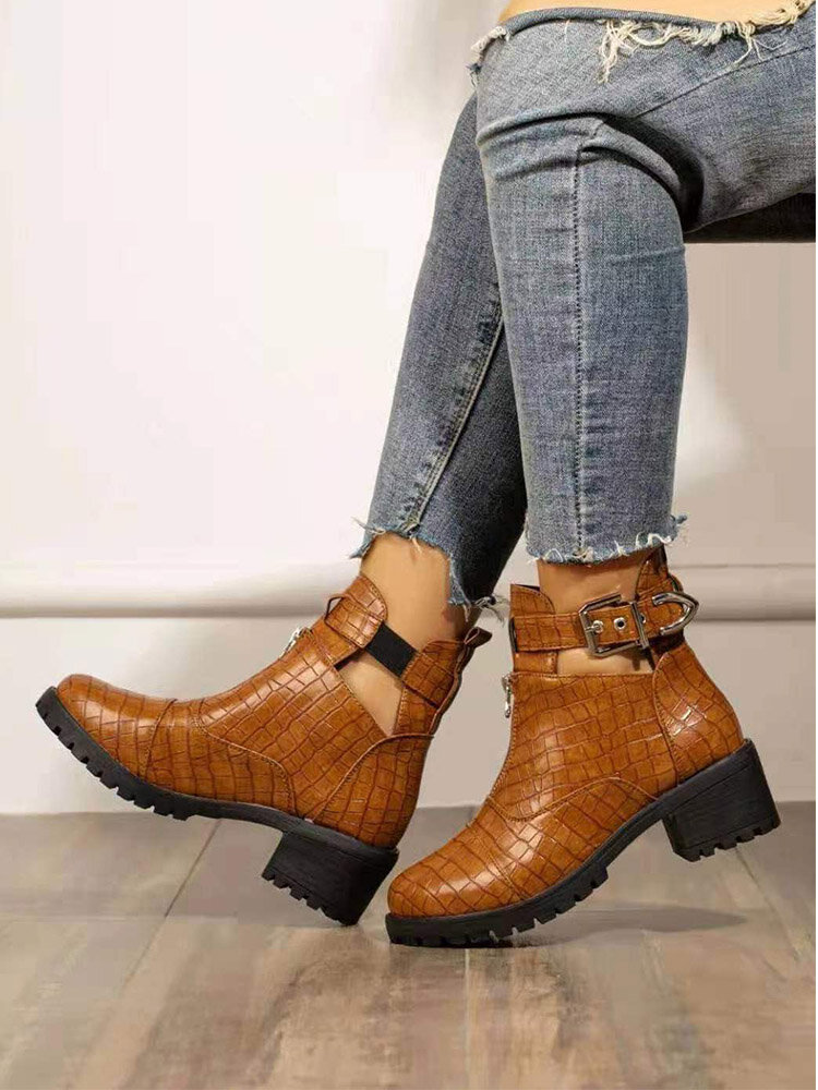 

Plus Size Women Casual Comfy Hasp Front Zipper Chunky Heel Short Boots, Brown