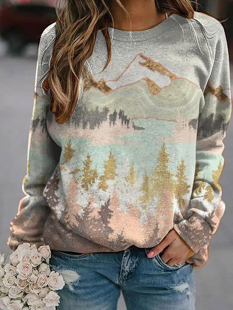 Landscape Print Long Sleeve O-neck Sweatshirt For Women
