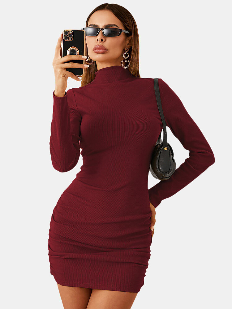 Solid Mock Neck Ribbed Knit Long Sleeve Mini Sexy Dress