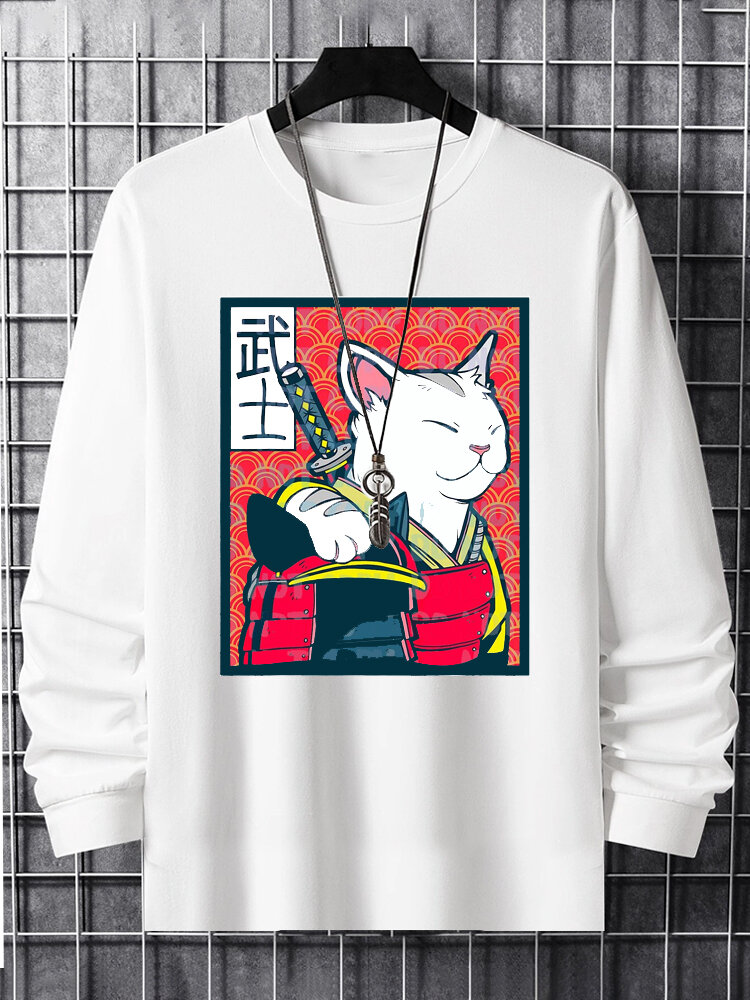 Uomo giapponese Warrior Cat Ukiyoe Graphic Crew Collo T-shirt a maniche lunghe invernali