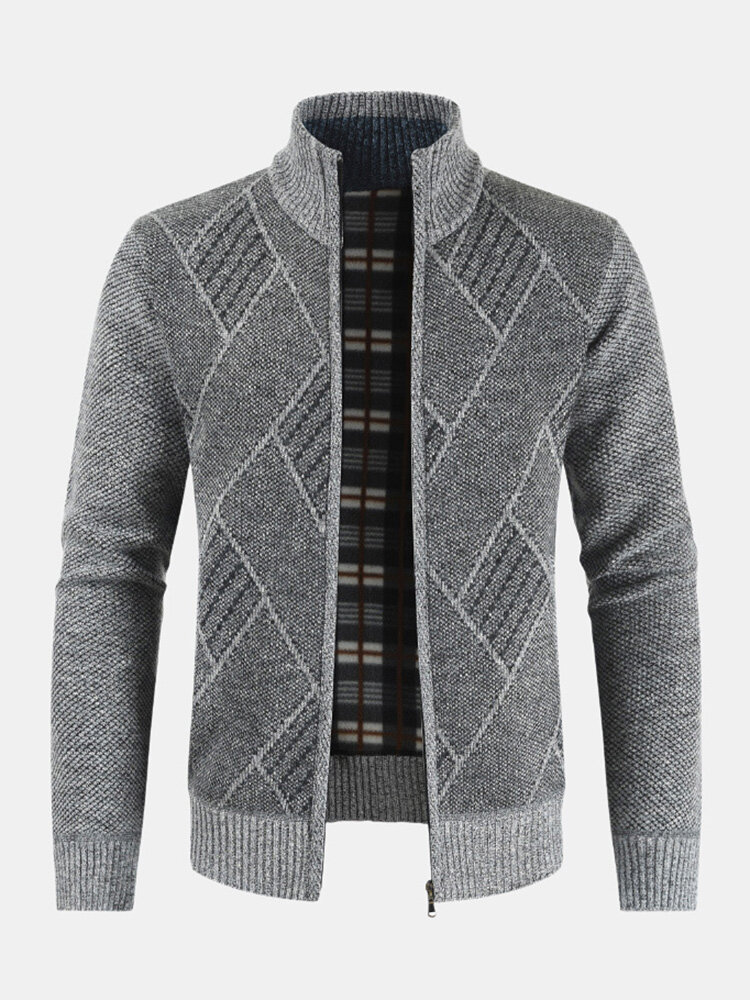 Мужской ромбический вязаный свитер с воротником-стойкой и длинным рукавом с вышивкой