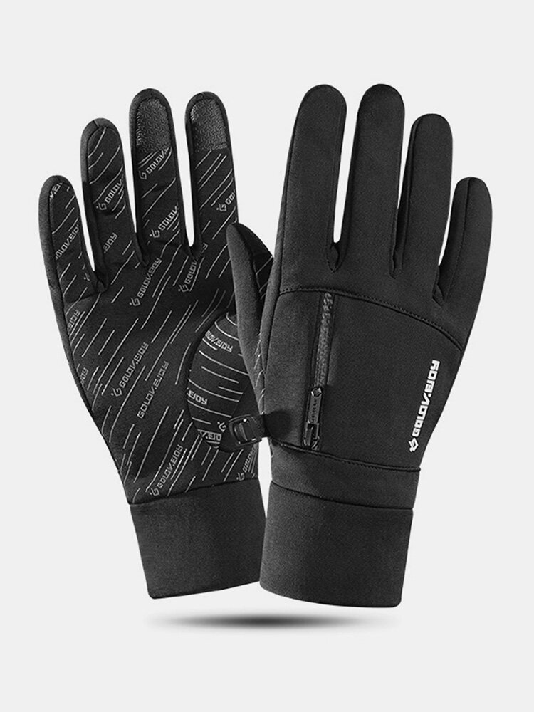 Men Nylon Plus Velvet Silicone Non-slip Letters With Zipper Storage Bag Outdoor Warmth Waterproof Windproof Touchscreen Gloves