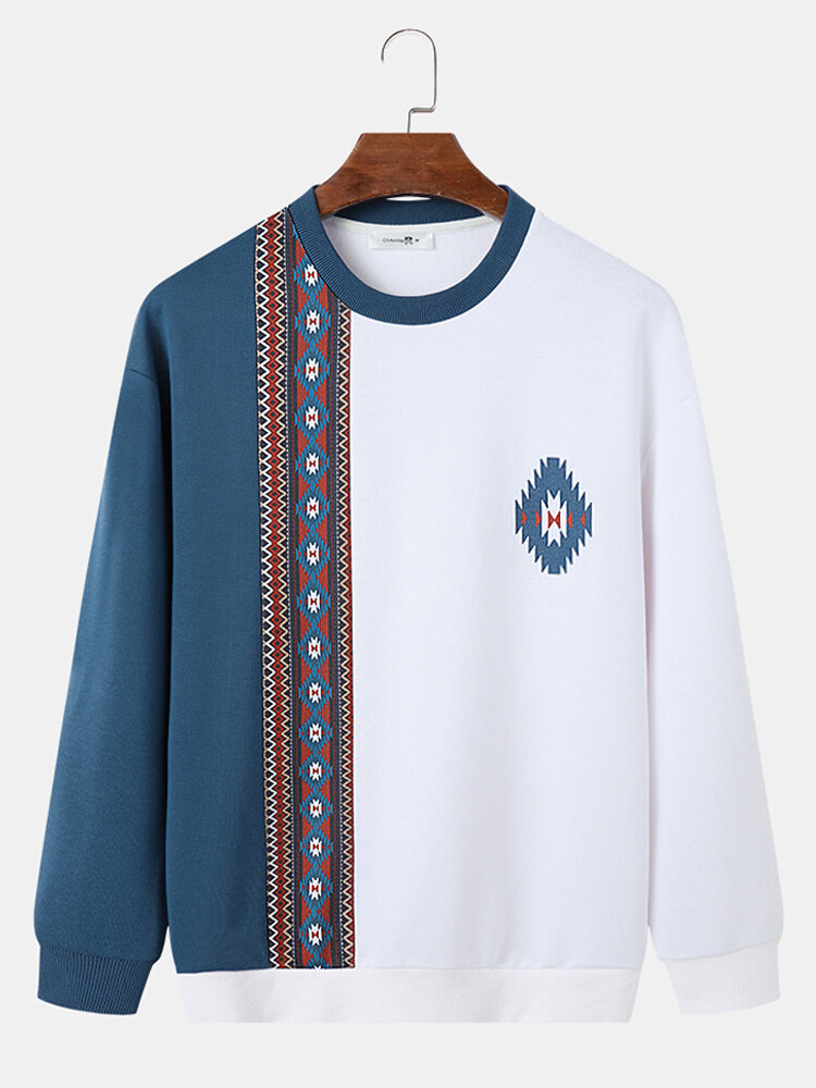 Mens Vintage Ethnic Geometric Print Patchwork Pullover Sweatshirts