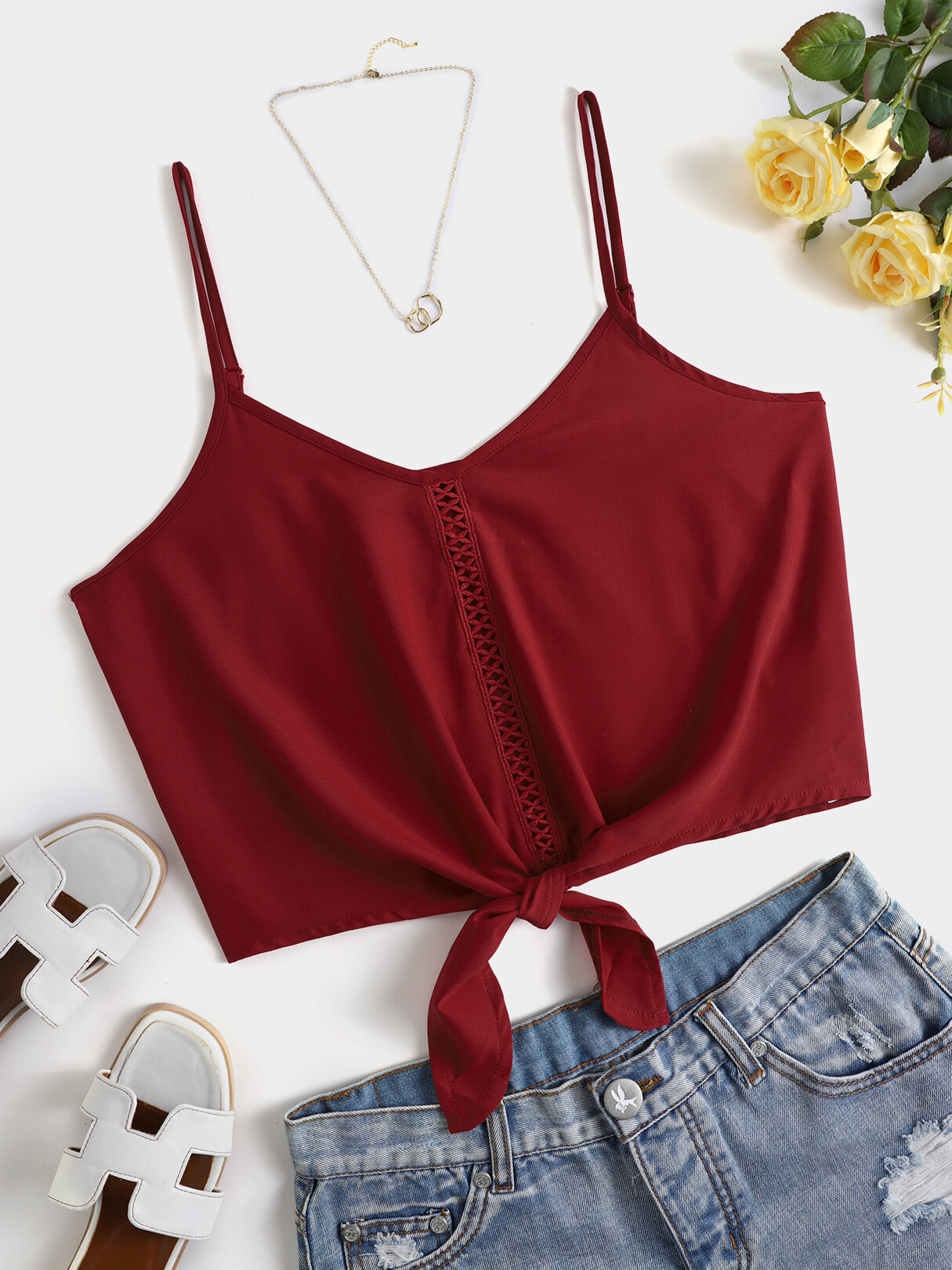 

Knotted Hem Design Backless Plain Crop Top for Women, Wine red