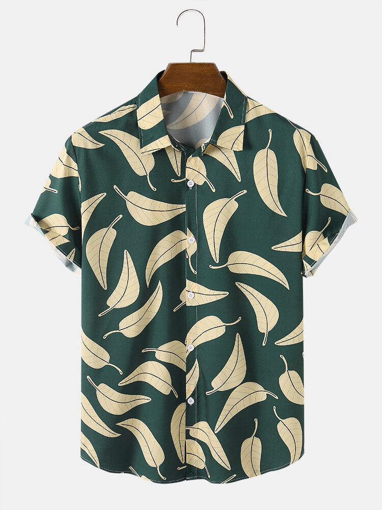 Mens Leaf Print Button Up Holiday Short Sleeve Shirts