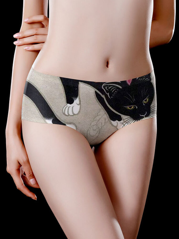 

Seamless Cat Print Soft Butt Lifter Soft Mid Waisted Panties, Printed