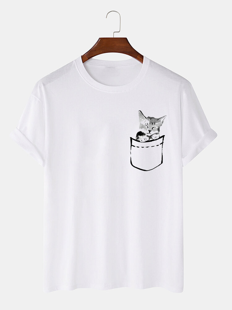 Mens Ink Cat Chest Print Crew Neck Short Sleeve T-Shirts Winter