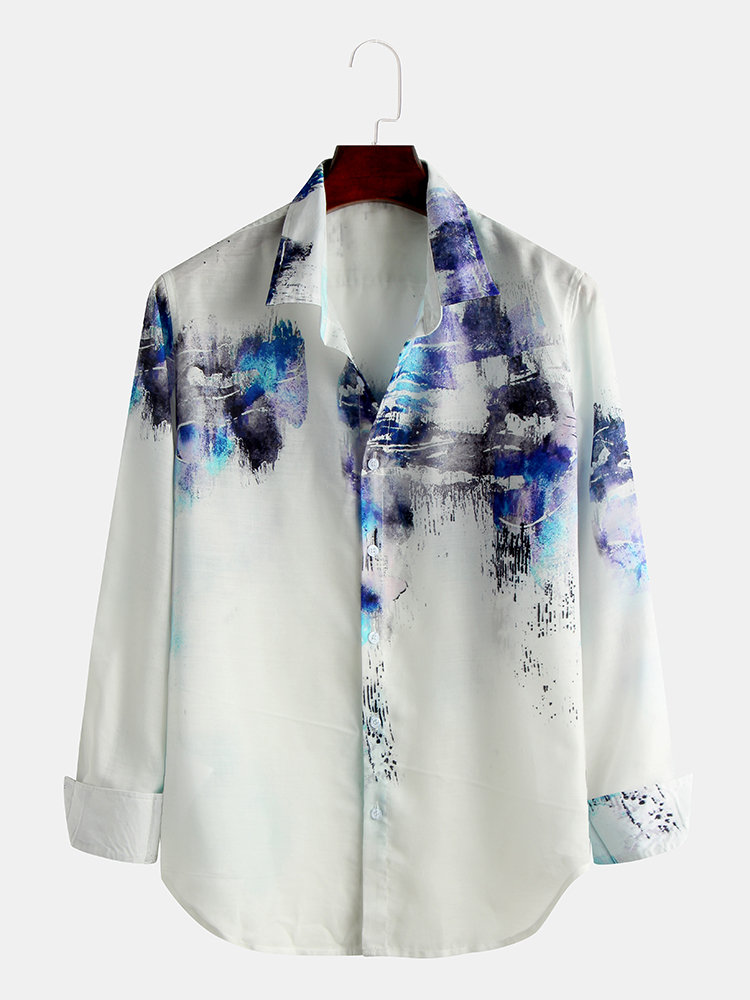 Mens Chinese Style Landscape Painting Classic Long Sleeve Loose Casual Designer Shirt
