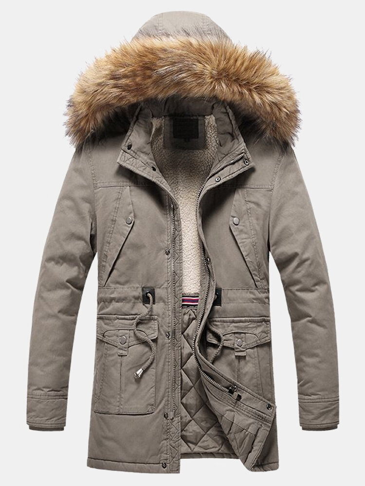 Mens Winter Thicken Woolen Lined Detachable Faux Fur Collar Warm Hooded Overcoat