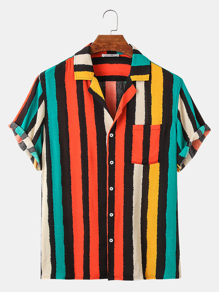 Mens Colorful Stripes Print Loose Casual Designer Short Sleeve Shirts