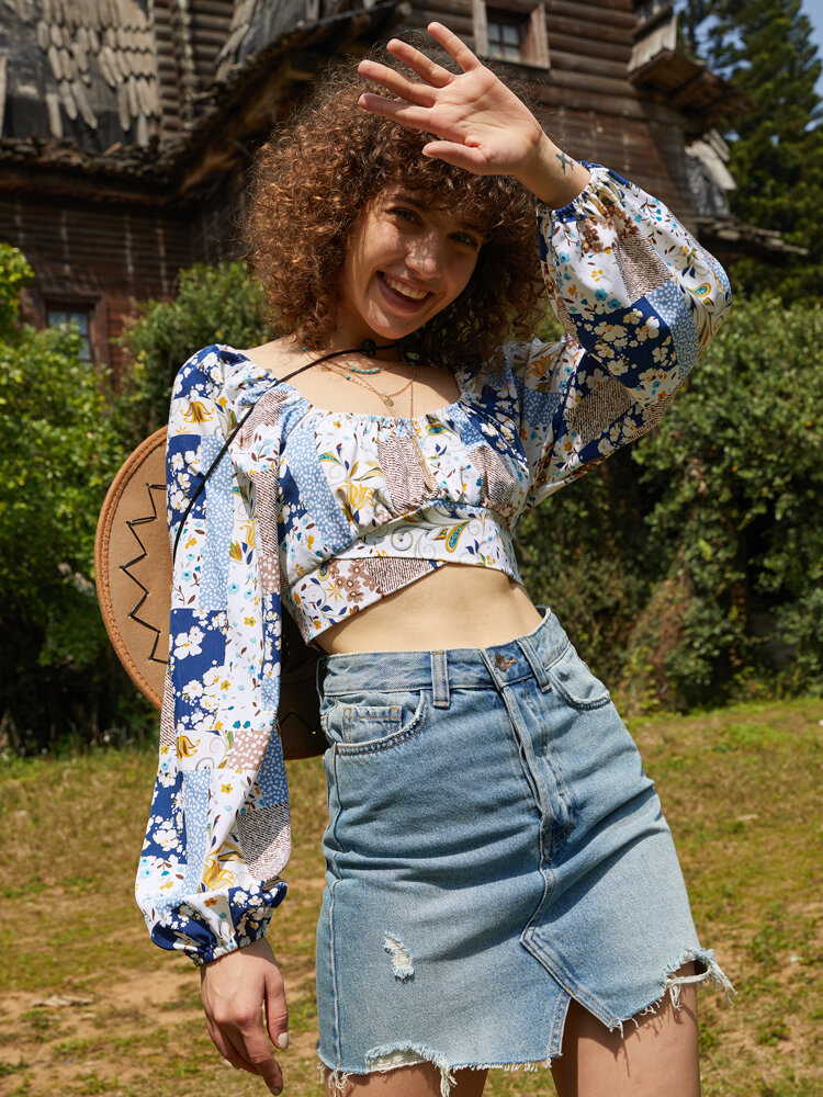 Bohemian Floral Print Back Knot Square Collar Long Sleeve Crop Top