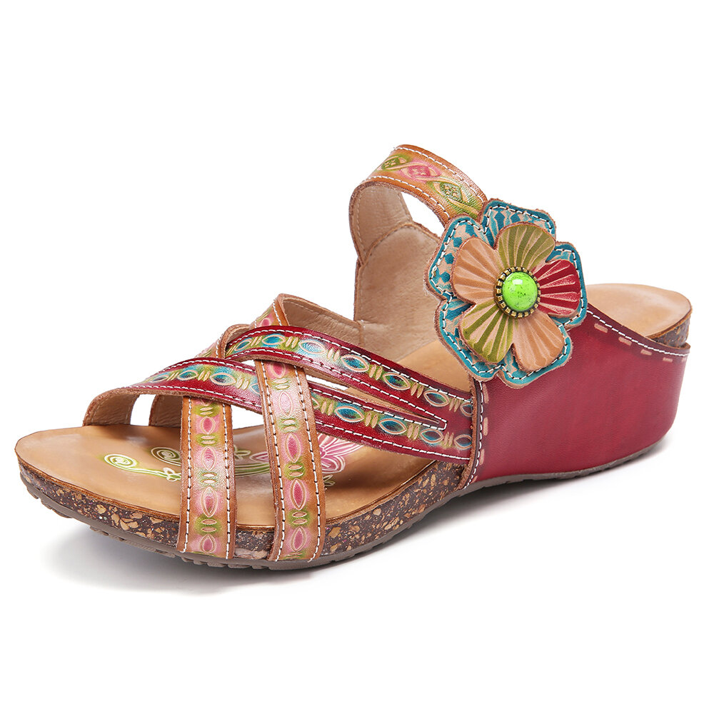 Handmade Leather Beaded Floral Crisscrossing Strappy Slip on Slides Low Heel Wedge Sandals