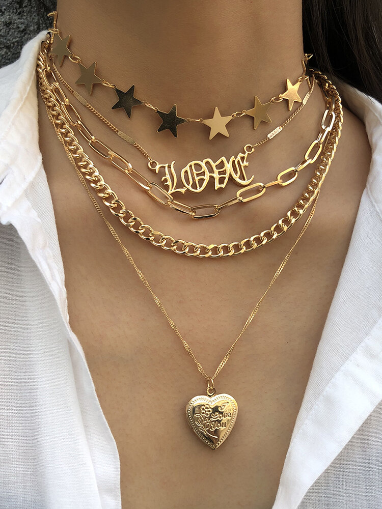 

Trendy Metal Peach Heart Chain Necklace Five-pointed Star Tassel Multi-layer Necklace, Gold;silver