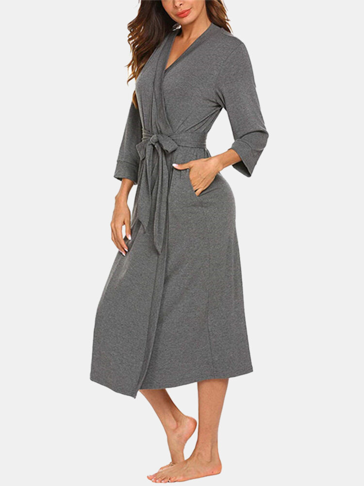 Women Solid Color Plain V-Neck 3/4 Sleeve Robes Sleepwear With Belt