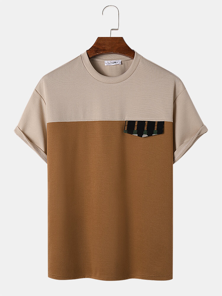 

Mens Contrast Patchwork Fake Flap Pocket Short Sleeve T-Shirts, Apricot