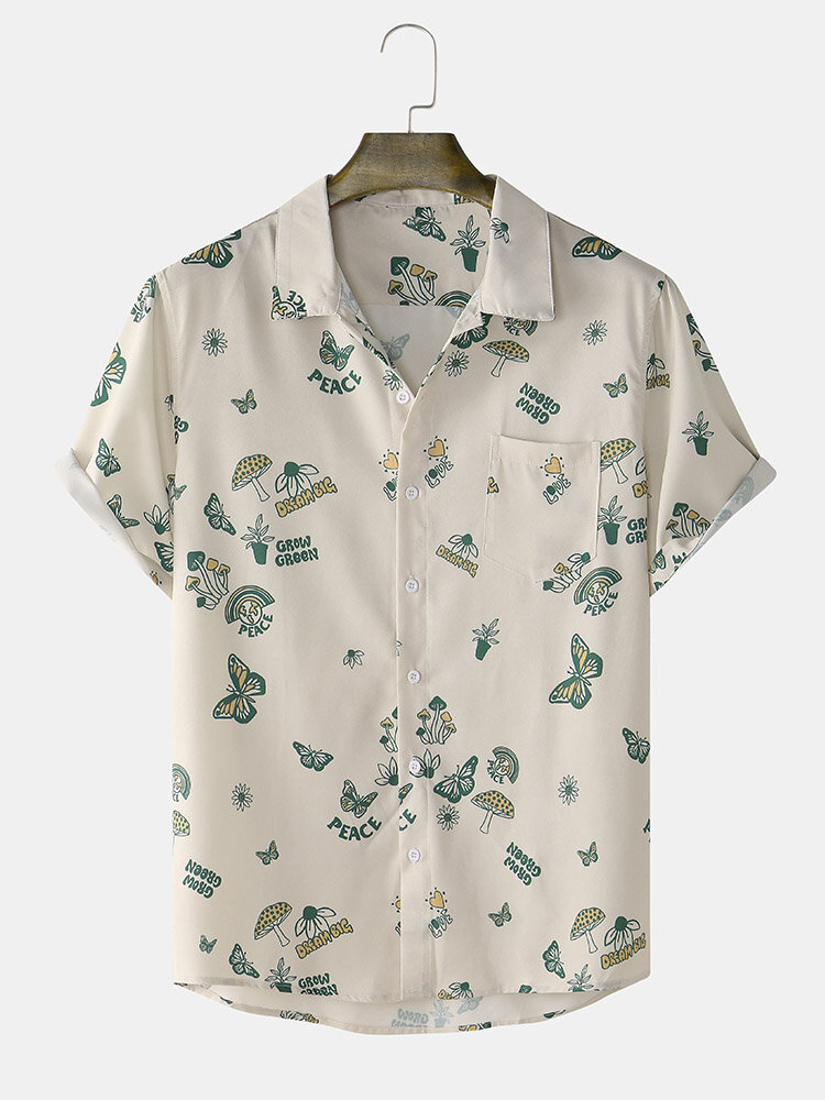 Mens Butterfly Print Chest Pocket Lapel Short Sleeve Shirt