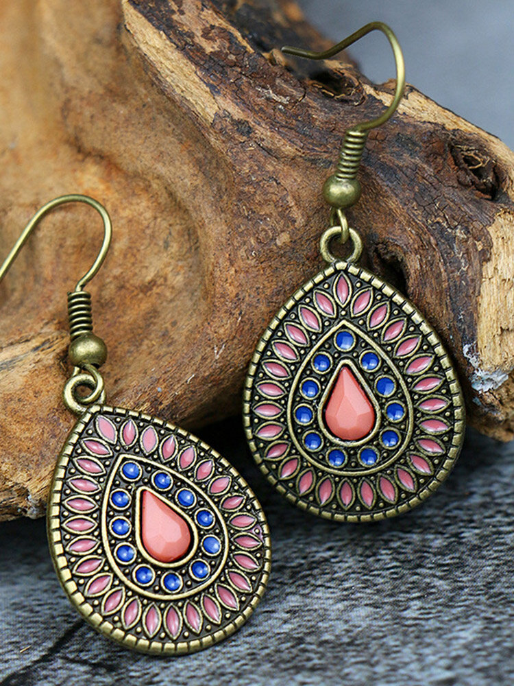 Vintage Carved Colorful Oil Drip Drop-shaped Alloy Earrings
