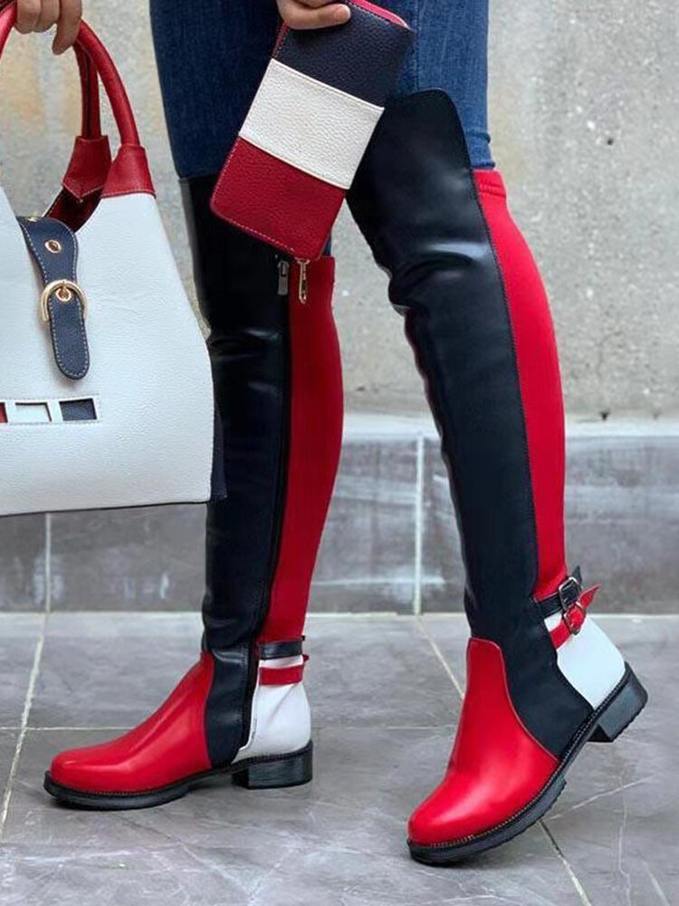 Large Size Women Color Block Buckle Design Side-zip Comfy Over The Knee Boots
