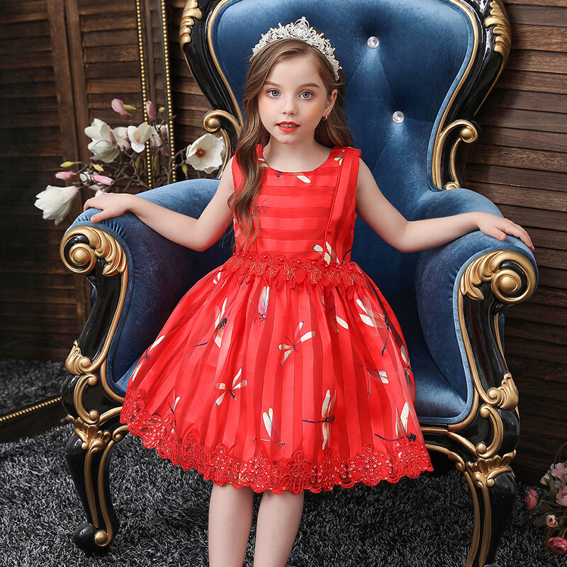 

Girl's Dragonfly Print Lace Patchwork Bowknot Princess Dress for 3-11Y, Pink;red;sky blue;champagne
