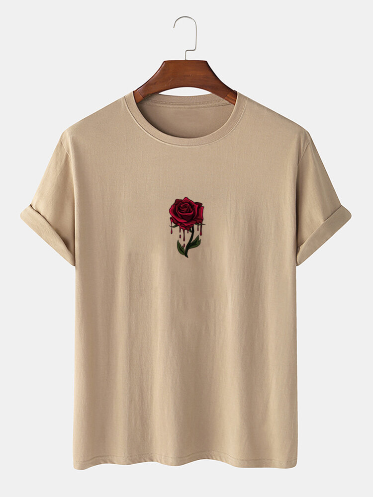 Camiseta masculina Rose Graphics 100% algodão casual de manga curta