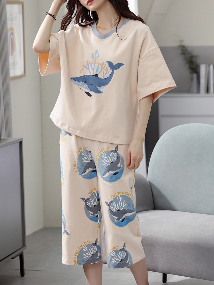 Plus Size Women Whale Print V-Neck Drop Shoulder Loose Pajama Sets
