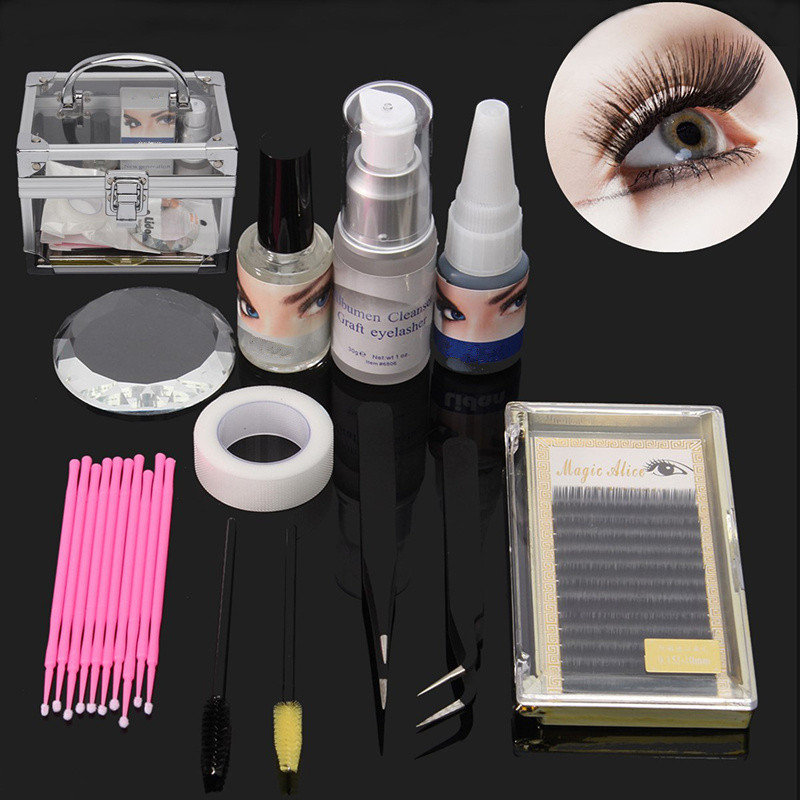 11Pcs Eyelash Extension Kit Tweezers Glue Eye Lash Brush Mascara Applicator Makeup Case 
