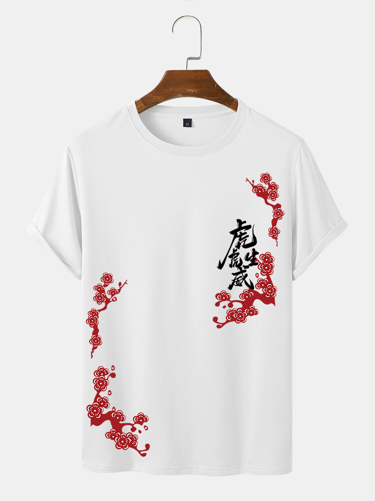 Camisetas masculinas com estampa floral de caracteres chineses gola careca manga curta