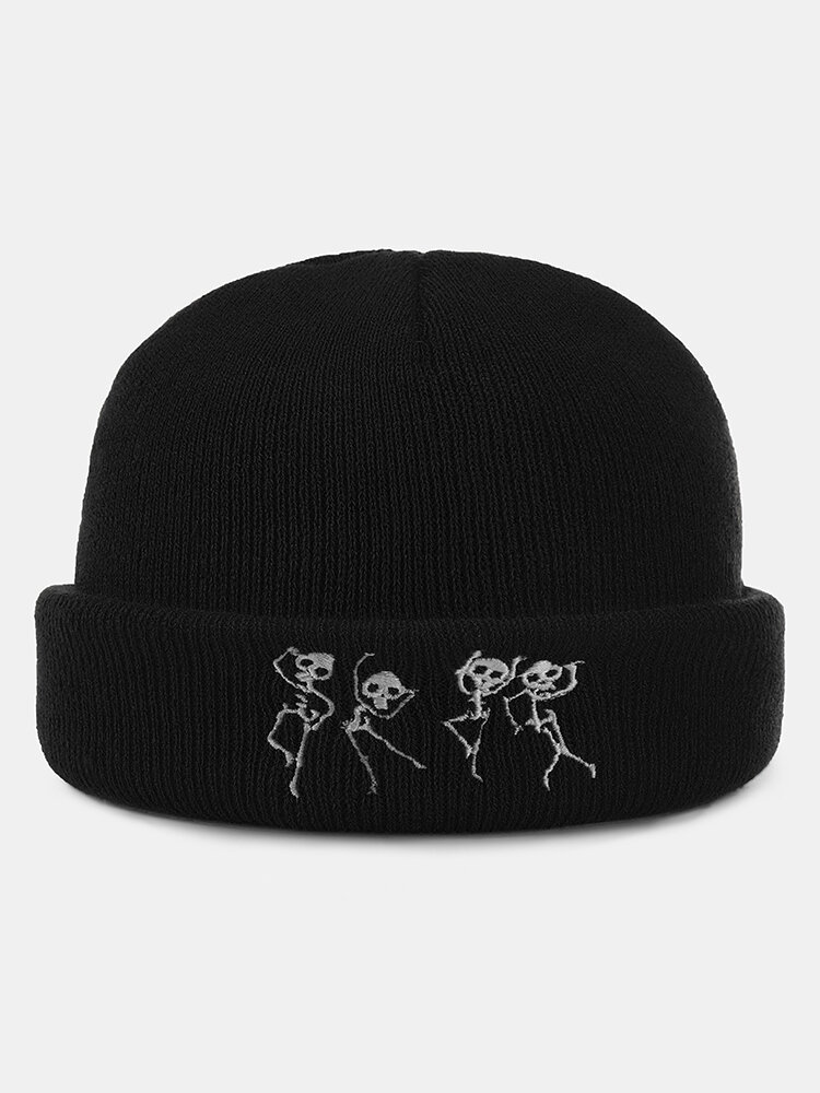 Unisex Acrylic Knitted Dancing Skull Pattern Embroidery Fashion Warmth Brimless Beanie Hat