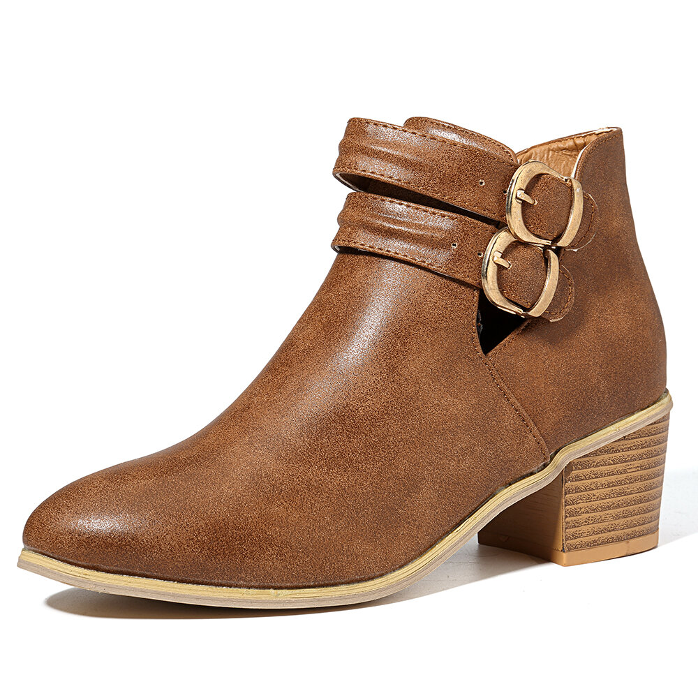 Large Size Metal Almond Toe Buckle Chunky Heel Ankle Boots
