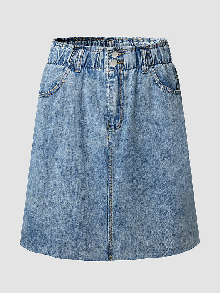 Solid Elastic Waist Button Zip Pocket Denim Skirt