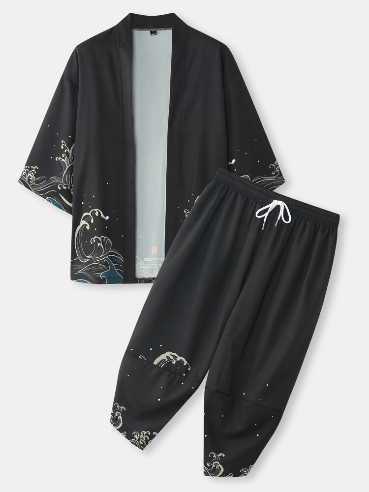 Mens Japanese Style Wave Print Kimono Two Pieces Outfits With Cropped Pants