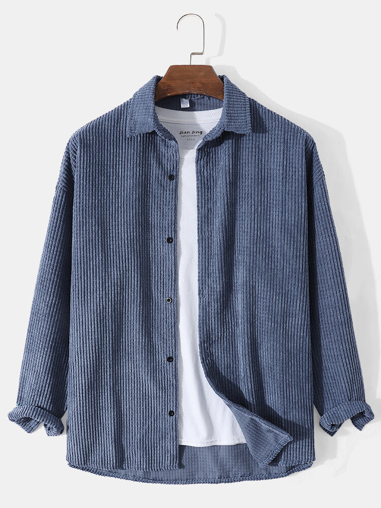 Mens Corduroy Pure Color Button Up Loose Basics Long Sleeve Shirts