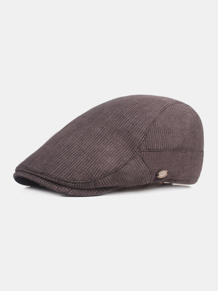 Men Cotton Linen Pinstripe Pattern Casual Retro Forward Hat Beret Flat Hat