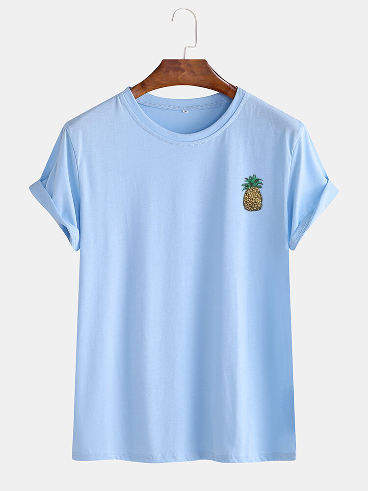 

Mens Cartoon Pineapple Printed Sinple Home Casual Loose Short Sleeve T-shirt, Light blue;black;white