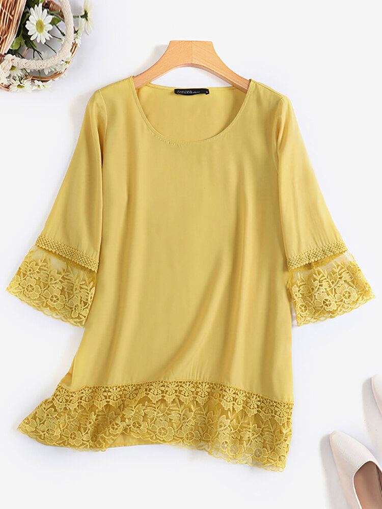 Women Lace Patchwork Crew Neck Casual 3/4 Sleeve Blouse
