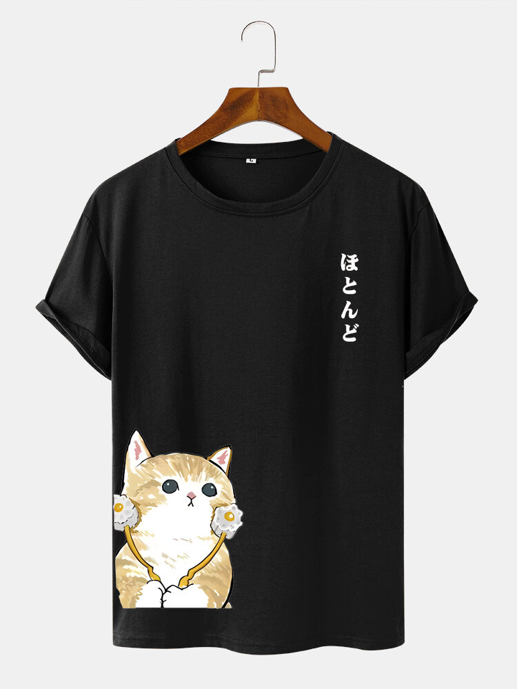 Mens Cartoon Cat Japanese Print Crew Neck Short Sleeve T-Shirts