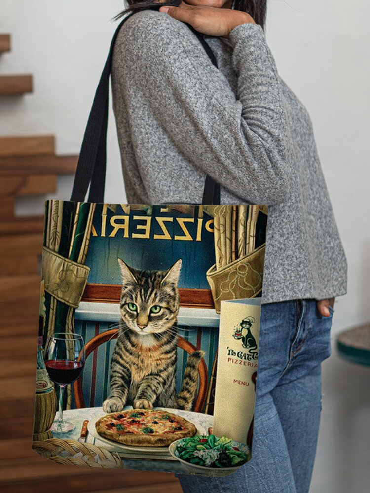 Women Cat Dinner Pattern Print Shoulder Bag Handbag Tote