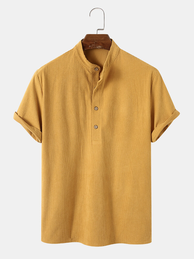 

Mens Solid Color Half Button Corduroy Short Sleeve Casual Henley Shirts, Yellow