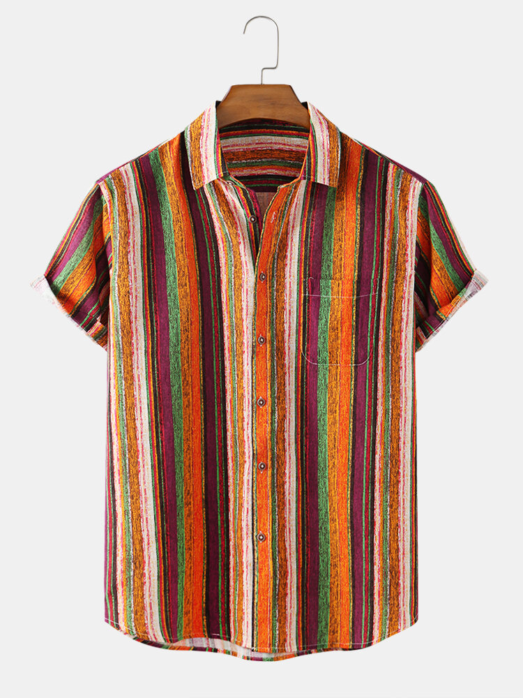 Men Cotton Linen Vintage Striped Casual Shirt