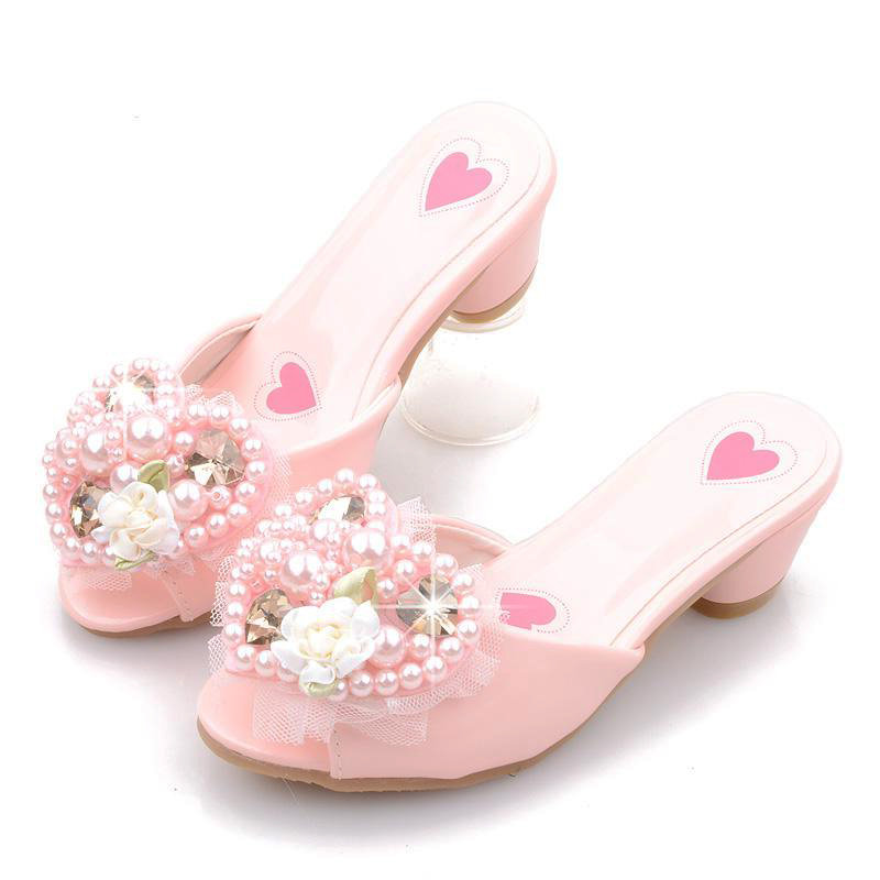 Girls Heart-shaped Pearls Floral Decor Slip On Princess Slippers