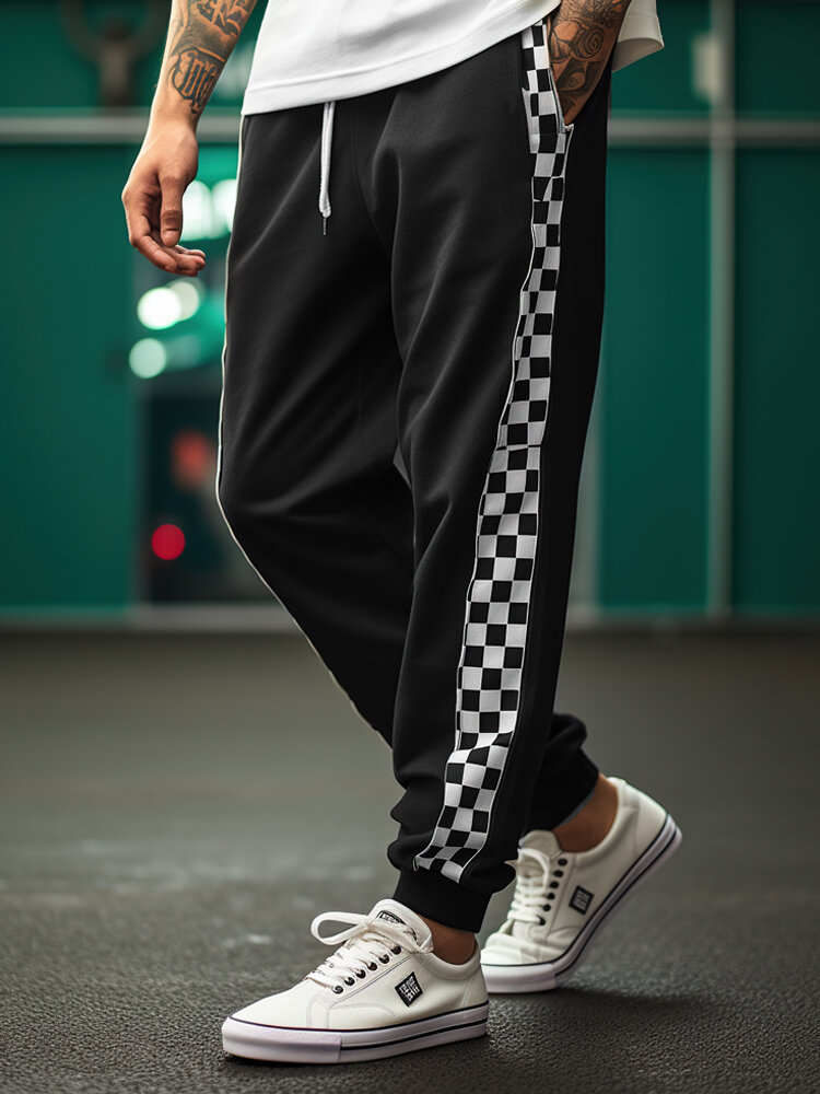 Mens Side Checkered Patchwork Loose Drawstring Waist Sweatpants