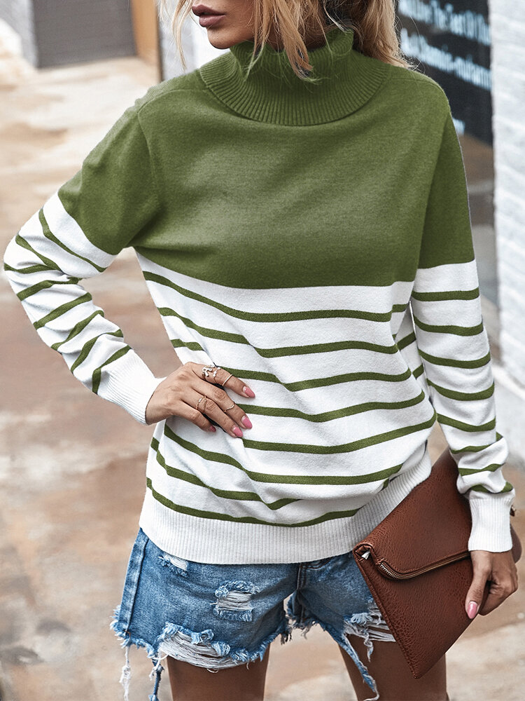 Striped Patch High Neck Casual Women Sweater
