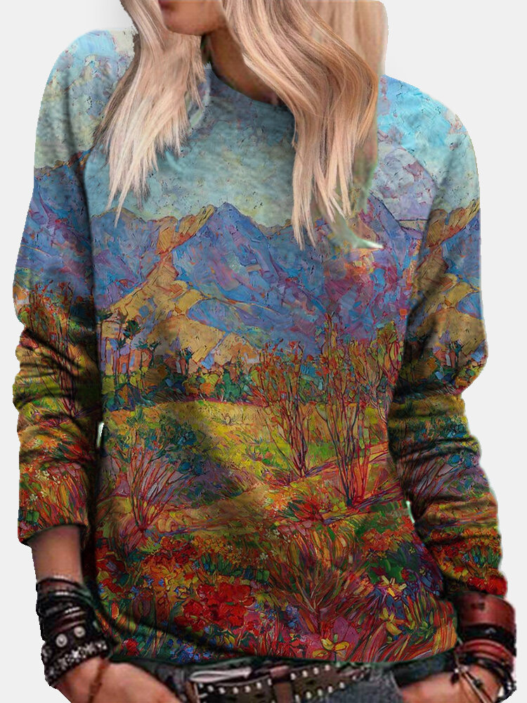 Landscape Printed Long Sleeve O-neck Casual Sweatshirt For Women