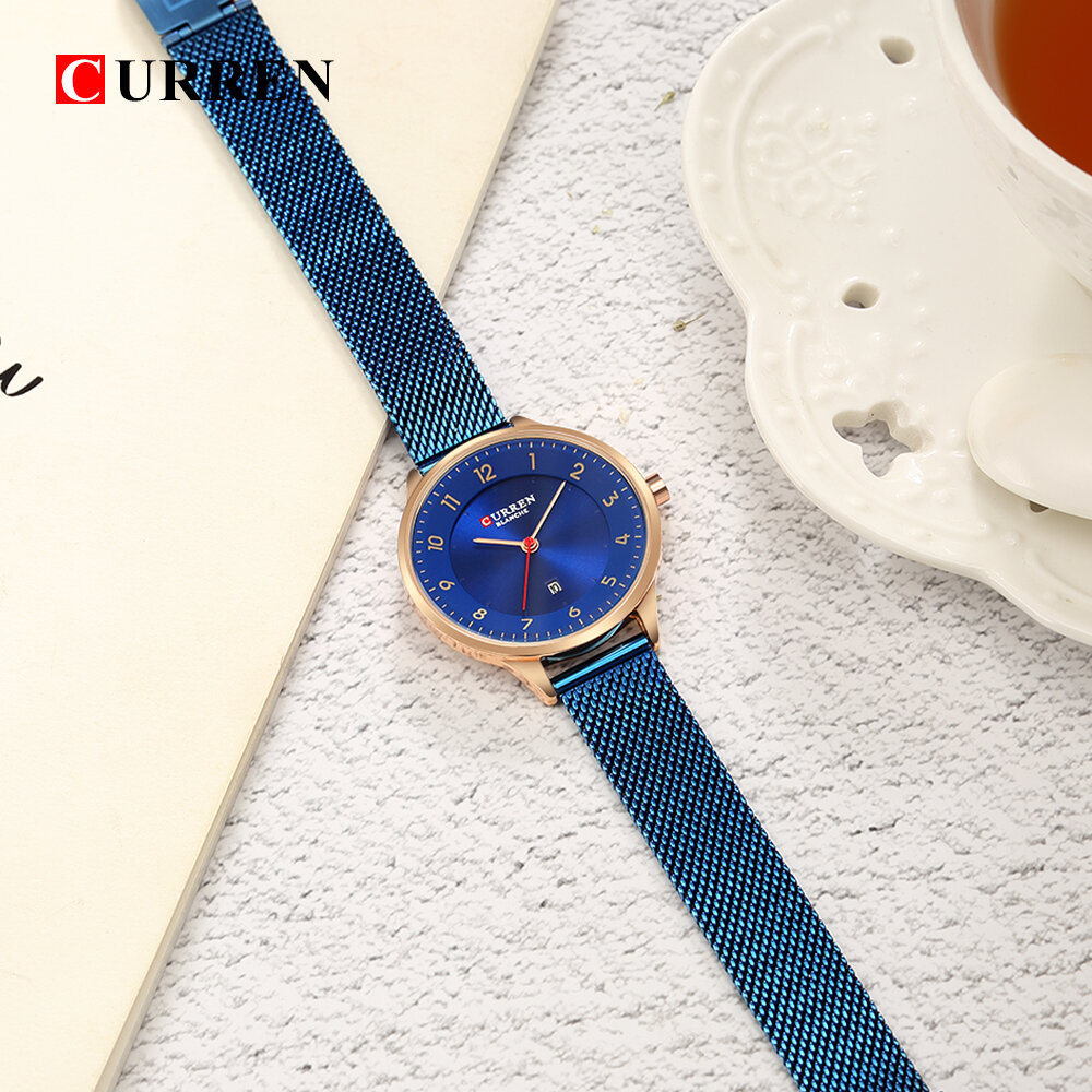 Fashion Blue Quartz Watch Date Display Simple Design Women Wrist Watch Full Steel Quartz Watch