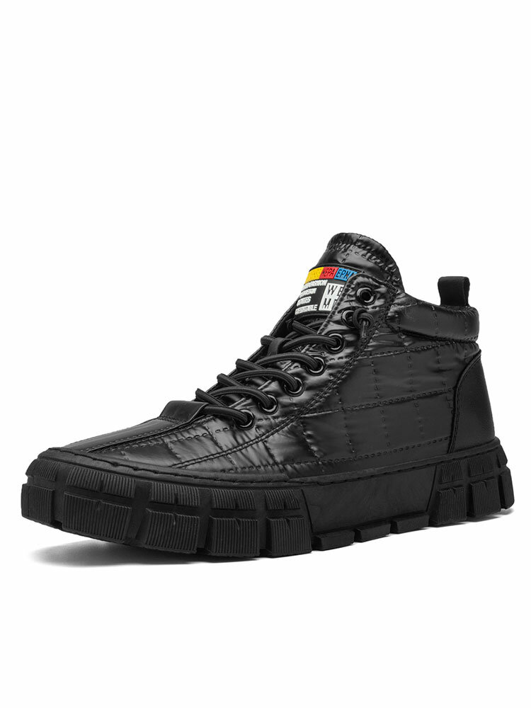 Men Black Plaid Pattern Lace Up Comfort Round Toe High Top Sneakers