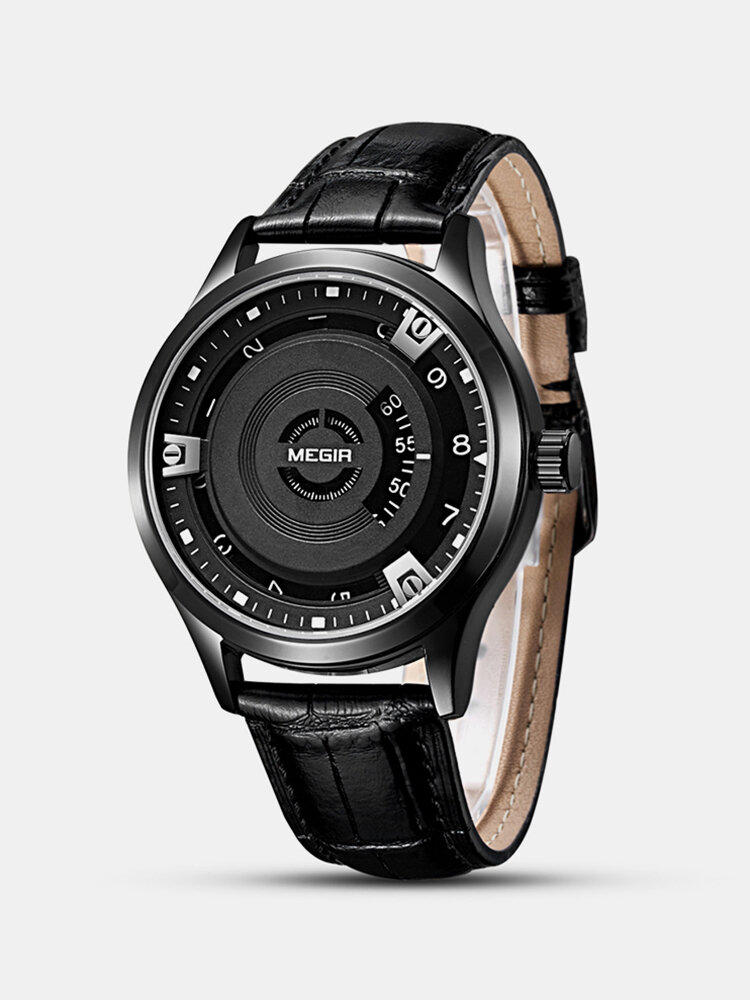Simple Fashion Sports Men Watches Pointerless Genuine Leather Strap Quartz Watch