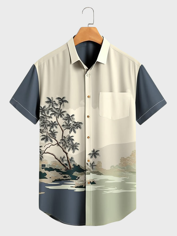 メンズ植物風景プリントボタンアップ半袖シャツ
