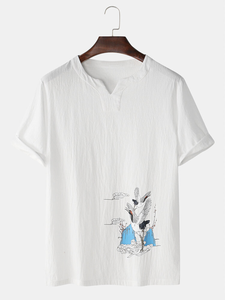 Mens Chinese Style Crane Print V-Neck Cotton Linen Loose Half Sleeve T-Shirts